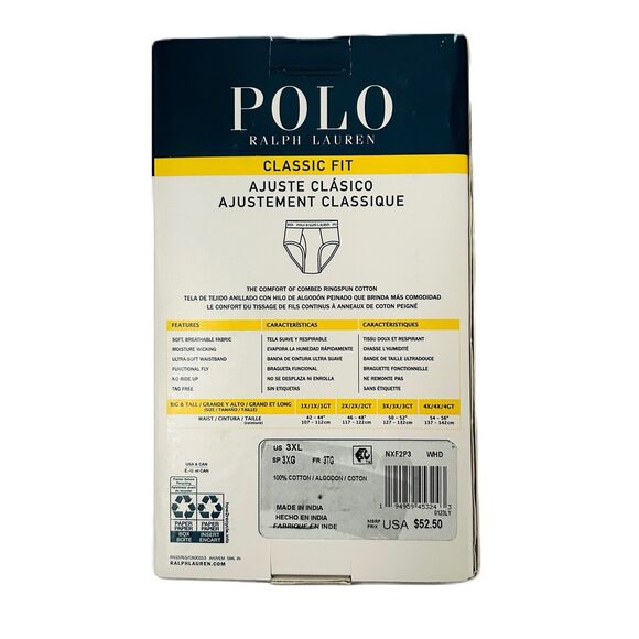 Polo Ralph Lauren Brief Men Size 3XL White 3 Pkg Classic Fit Cotton Mid Rise NWT - Picture 2 of 8